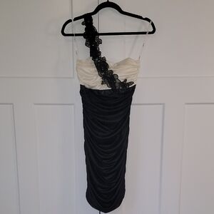 Elegant Black and Cream One-Shoulder Dress